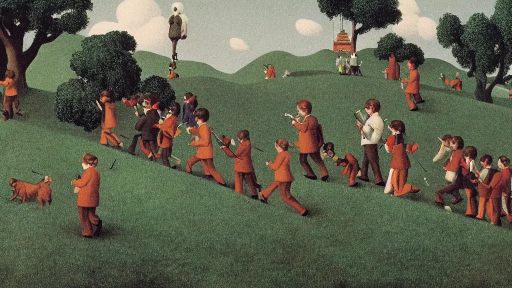 Prompt: A vintage scientific illustration from the 1970s of the Pied Piper luring hundreds of children up a hill while playing his pipe by René Magritte