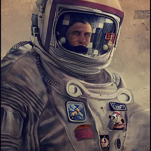 Image similar to [Dieselpunk cosmonaut, checkered flag, very detailed, cinematic lighting, matte, sharp, photography, art by enki bilal]