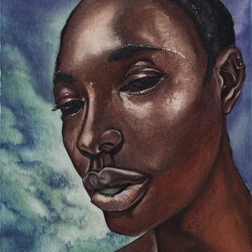 Image similar to a painting of a elegant, well fed, smooth-chinned, long nose, African elder with few eyebrows by Wangechi Mutu . thinker without facial hair, thoughtful, focused, visionary, calm, jovial, loving, fatherly, generous, . dramatic angle, ethereal lights, details, smooth, sharp focus, illustration, realistic, cinematic, artstation, award winning, rgb , unreal engine, octane render, cinematic light, macro, depth of field, blur, red light and clouds from the back, highly detailed epic cinematic concept art CG render made in Maya, Blender and Photoshop, octane render, excellent composition, dynamic dramatic cinematic lighting, aesthetic, very inspirational, arthouse.