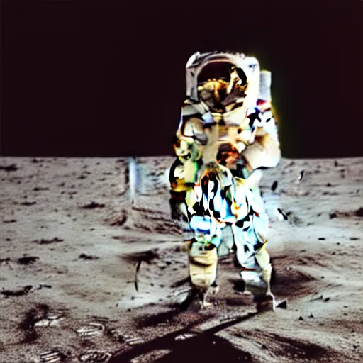 Prompt: medium - shot low - angle outside studio, golden hour, pale david bowie!! in a space suit on the moon!! surface!!, visible face!!, nasa archives, by warhol,