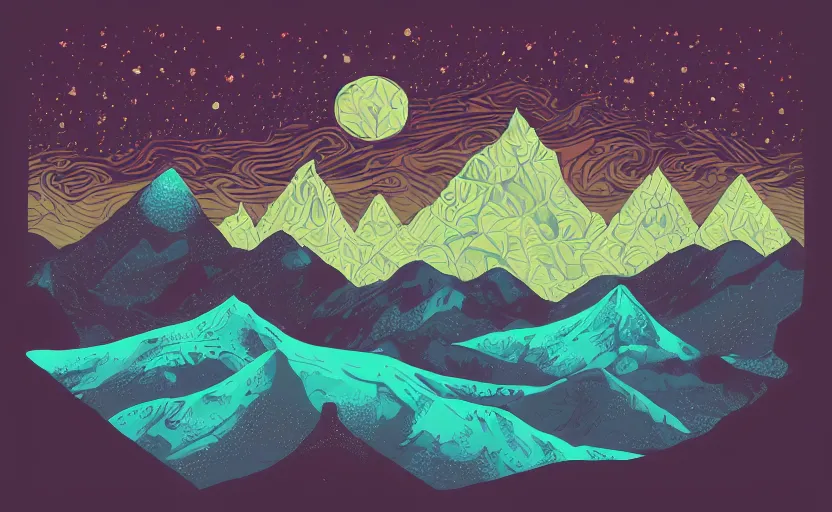 Image similar to mountains, stars and paisley filled sky, artstation, intricate, highly detailed, digital painting, concept art, sharp focus, illustration by Tom Whalen and Kilian Eng