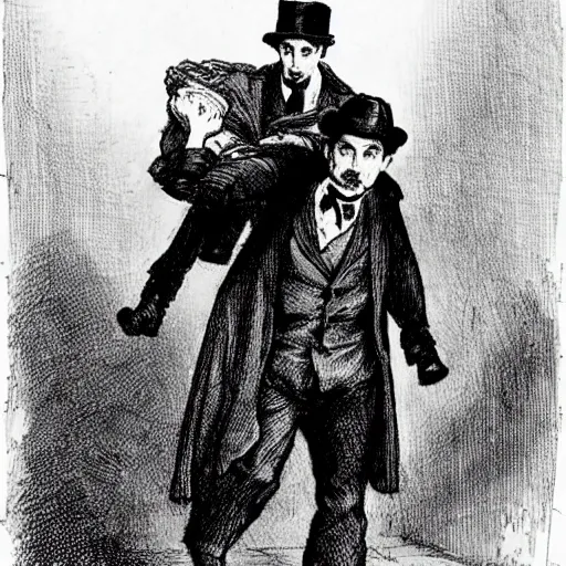 Image similar to Sherlock Holmes carrying Dr Watson on his back in the style of Sidney Paget