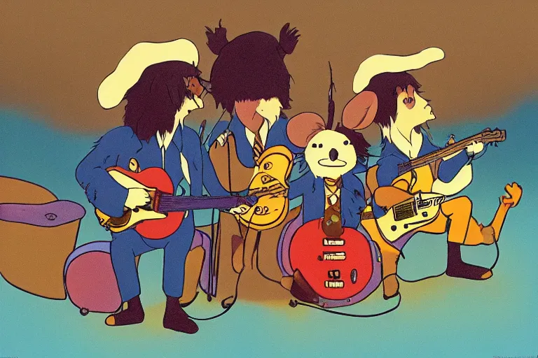 Image similar to mice playing in a rock band dressed as the beatles, beautiful, dreamlike, wholesome, ghibli and disney animation, sharp, intricated, art by ken anderson and mel shaw, 7 0 s, dramatic lighting, brown palette,