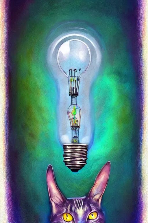 Image similar to portrait of an ethereal cat inside a light bulb, modern fine art, lithe, dreamscape, intricate, elegant, subsurface scattering, highly detailed, pop art painting, organic acrylic flow art, psychedelic surreal art, acrylic art, watercolor, featured on deviantart, cgsociety