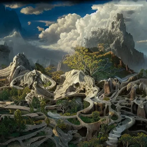 Prompt: modular modernist bauhaus jeff koons style neverending story canyon temple, ultra realistic, concept art, intricate details, serious, highly detailed, photorealistic, octane render, 8 k, unreal engine, art by todd mcfarlane and artgerm and greg rutkowski and alphonse mucha