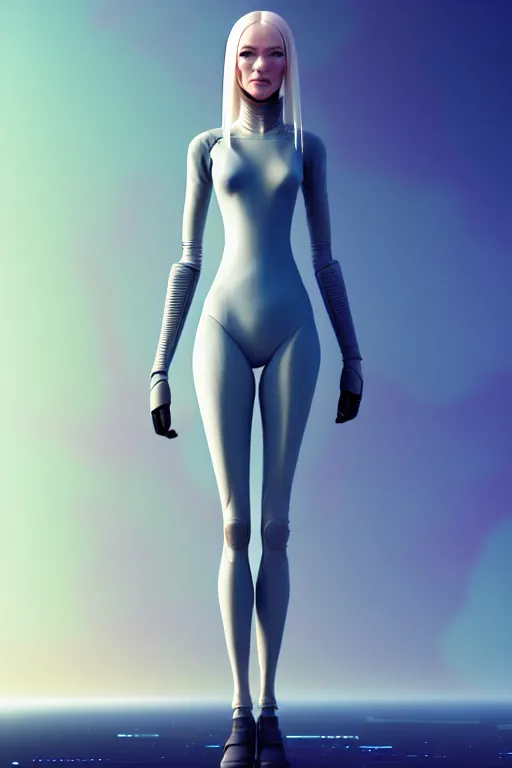 Prompt: upright and straight android women, scifi, futuristic design, full body model, long white hair, character design, cinematic lighting, highly detailed, by beeple, goro fujita, smooth gradient.