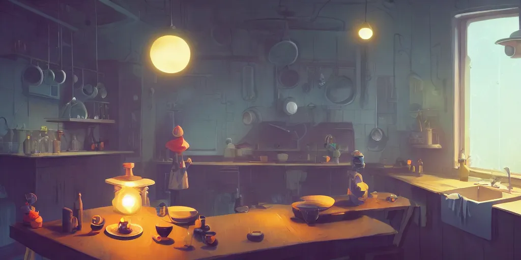 Prompt: cute solitary kitchen dim lit by a candle ripped physique simon stalenhag gerald brom bastien grivet by greg rutkowski, game background fisheye lens, low angle, day of the tentacle, bird's-eye view