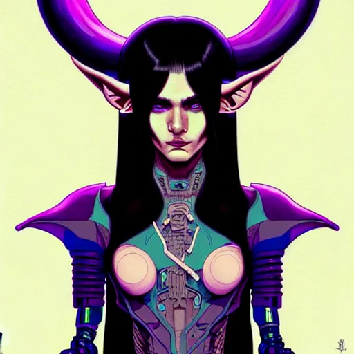 Image similar to portrait painting of a cyberpunk androgynous elf with beautiful flowing black hair and eyes, sharp focus, award - winning, trending on artstation, masterpiece, highly detailed, intricate. art by josan gonzales and moebius and deathburger