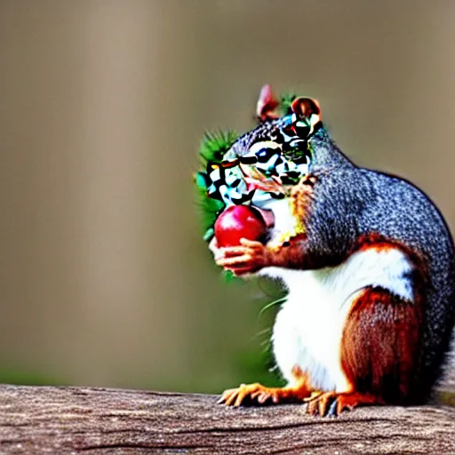 Image similar to A squirrel gives an apple to a bird