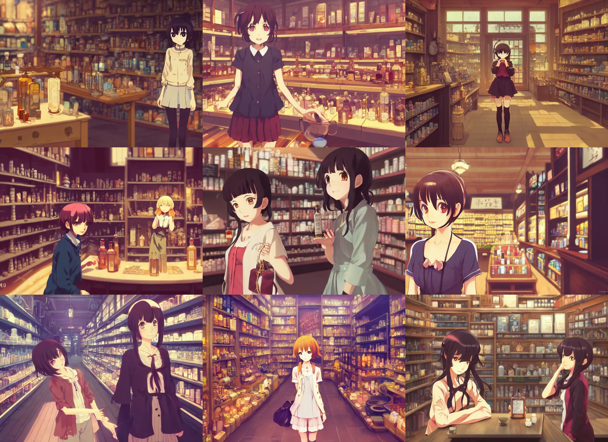 Prompt: anime frames, portrait of a young female traveler in a alchemist's potion shop interior shopping, cute face by ilya kuvshinov, makoto shinkai, dynamic perspective pose, rounded eyes, lomography, hdr, yoh yoshinari