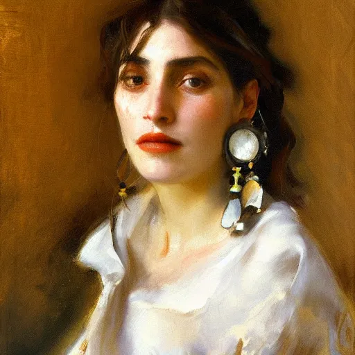 Image similar to portrait of gypsy girl, large silver round earrings, painted by john singer sargent, jeremy lipking, jeremy mann