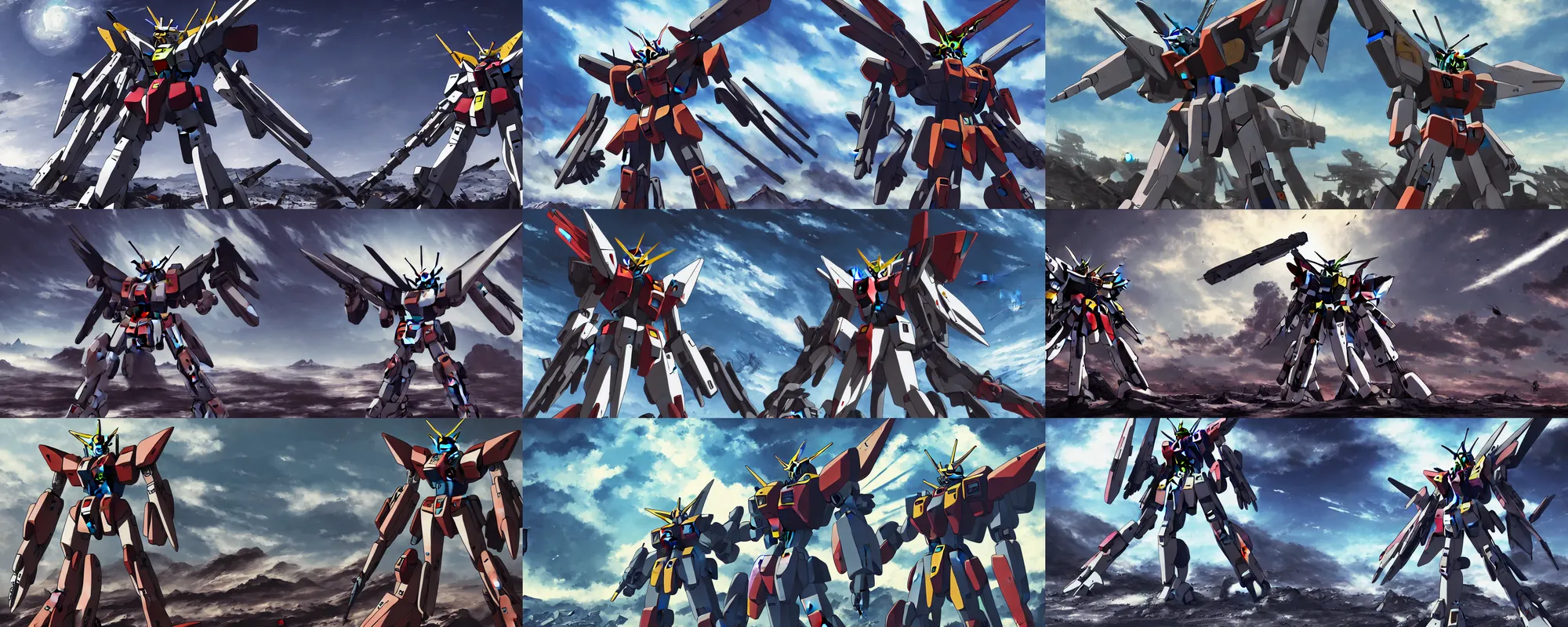 Prompt: Gundam stands in ruined war torn landscape, mecha art, modern sci-fi mecha anime, trending on Pixiv, cinematic, 4K