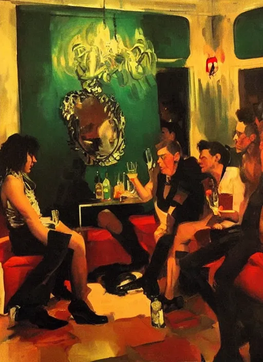 Prompt: glam rockers drinking brutal and raw wine, inside a green room with red lights by joaquin sorolla, phil hale, extremely detailed