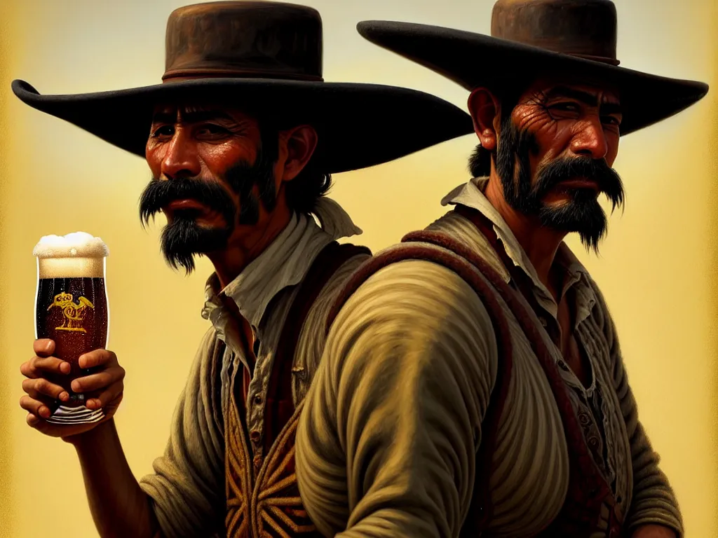 Prompt: juan caloto beer illustration of a mexican man,, with one small, dirt, wild west, with hat, drinking a beer at train station, fantasy, intricate, elegant, highly detailed, digital painting, artstation, concept art, matte, sharp focus, art by aenaluck and roberto ferri and greg rutkowski, epic, missing teeth [