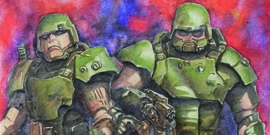 Prompt: doomguy watercolor art pastel colors pergament paper