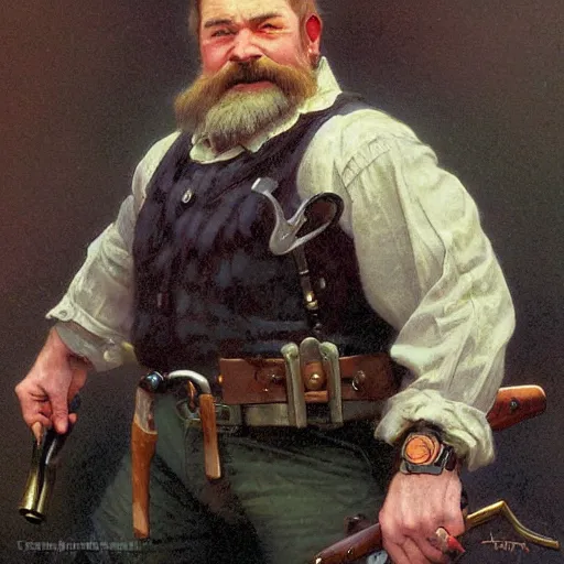 Prompt: detailed portrait painting of a fantasy dwarf gunslinger by Thomas Kinkade, William-Adolphe Bouguereau and Ted Nasmith, Booru, RPG portrait