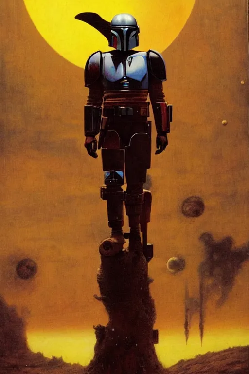 Prompt: mandalorian with backlight by beksinski on background with destroyed planets and atomic bomb explosion, backlight