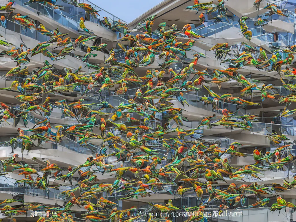 Prompt: a flock of parrots invading a shopping center