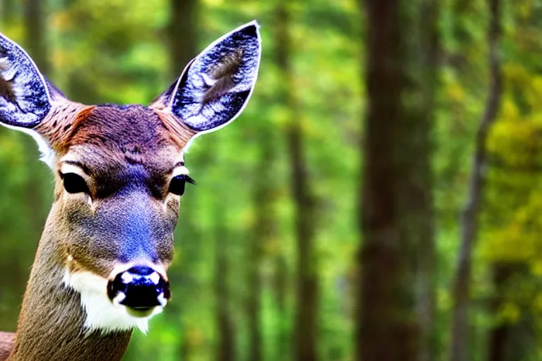 Image similar to a close up of the head of a deer with striking blue eyes , background of a landscape misty forest scene, the sun glistening through the trees