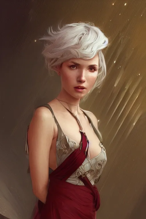 Image similar to a girl wearing a golden dress, grey hair, red necktie, cinematic, stunning, highly detailed, digital painting, artstation, smooth, hard focus, full body shot, illustration, art by artgerm and greg rutkowski and alphonse mucha