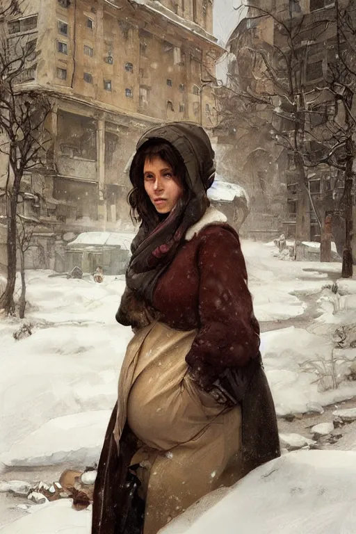 Prompt: portrait of a hungry and unhappy pregnant woman in the besieged Leningrad in winter, digital painting, artstation, concept art, smooth, sharp focus, illustration, art by artgerm and greg rutkowski and alphonse mucha