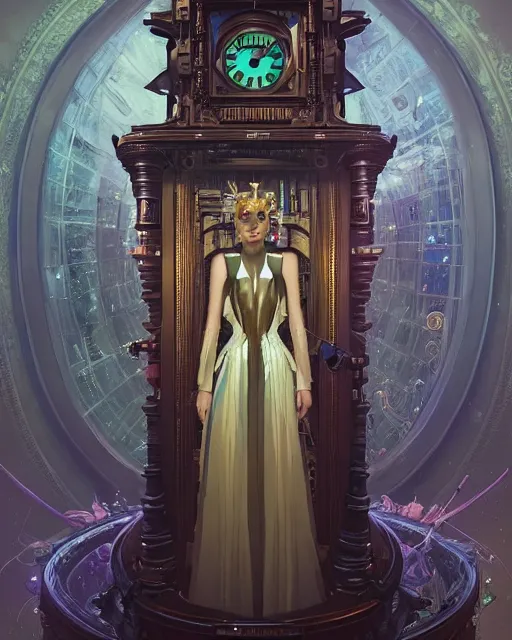 Prompt: highly detailed surreal vfx portrait of a cyberpunk queen in a majestic castle by grandfather clock, stephen bliss, unreal engine, greg rutkowski, loish, rhads, beeple, makoto shinkai and lois van baarle, ilya kuvshinov, rossdraws, tom bagshaw, alphonse mucha, global illumination, detailed and intricate environment