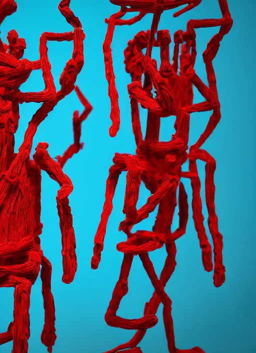 Image similar to room full of giant blue and red people made out of pipecleaners in a baroque style of Jean-Michel Basquiat, 3D cinematic lighting, spotlight at a 90 DEGREE ANGLE, photorealism, octane render, depth of field, 8k, 35mm, artgem, Trending on artstation