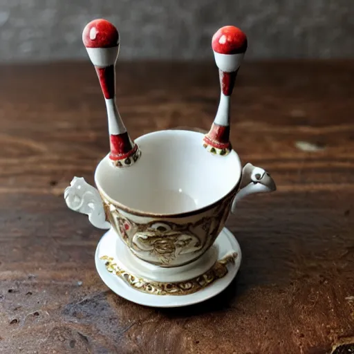 Image similar to baroque teacup filled with tiny little bowling pins