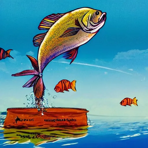 Image similar to a guffy looking fish jumping out of a beautiful lake with a funny day, in the style of Patrick woodroffe