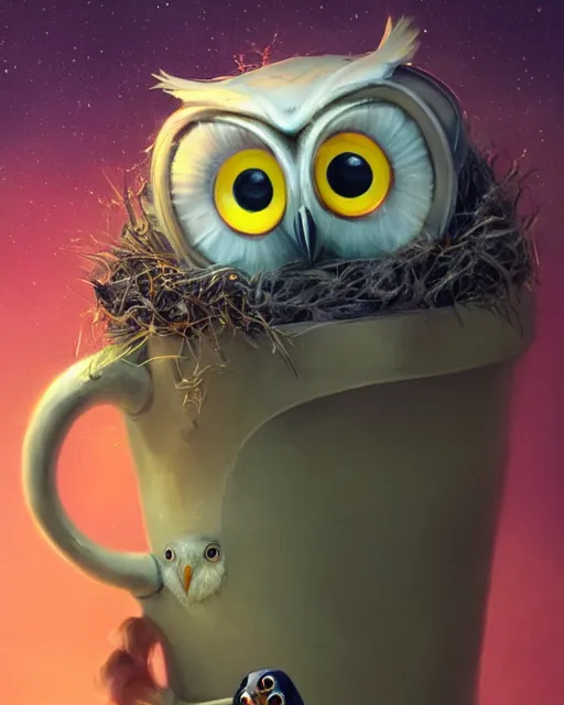 Image similar to long shot of a very cute owl chick nesting in a futuristic mug, esao andrews, humorous illustration, hyperrealistic, big depth of field, warm colors, whimsical cosmic night scenery, low light, 3 d octane render, 4 k, concept art, hyperdetailed, hyperrealistic, trending on artstation