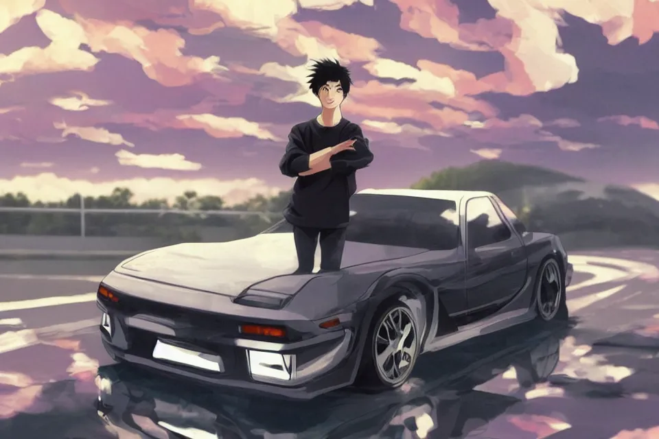 Prompt: aesthetic illustration of ryosuke takahashi with black hair, standing by his white glossy mazda rx 7 on an empty highway at sunrise, cinematic lighting, initial d anime 1 0 8 0 p, detailed anime face, high detail, 9 0 s anime aesthetic, volumetric lights, rule of thirds, unreal engine 5 render, pinterest wallpaper, trending on artstation