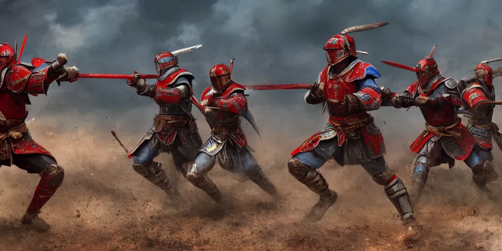 Image similar to mid action shot cinematic artwork of warriors in blue armor fighting warriors wearing red Chinese armor on the battlefield by greg rutowski, masterpiece, 4k