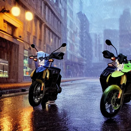 Image similar to highly detailed, photo realistic, futuristic drz 4 0 0 s at night in the rain driving on a city street, dense fog, unreal engine, by greg rutowski, by stanley artgerm, by alphonse mucha