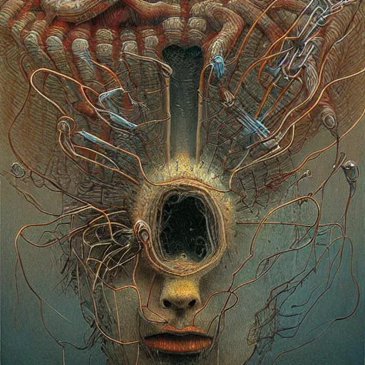 Prompt: hell being turned into paperclips, cosmic horror, biopunk, highly detailed, oil on canvas, zdzisław beksinski, marco mazzoni, peter gric