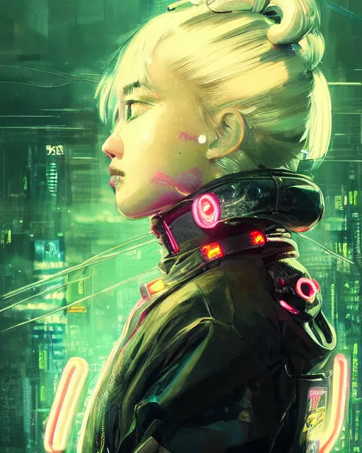 Image similar to detailed portrait Neon cleaner Girl, cyberpunk futuristic neon, reflective puffy coat, decorated with traditional Japanese ornaments by Ismail inceoglu dragan bibin hans thoma greg rutkowski Alexandros Pyromallis Nekro Rene Maritte Illustrated, Perfect face, fine details, realistic shaded, fine-face, pretty face