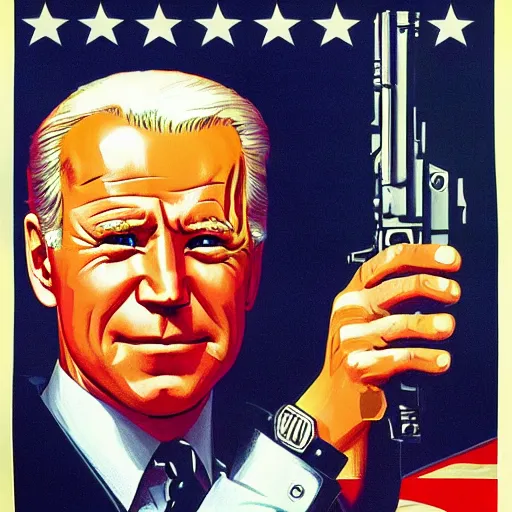 Image similar to propaganda poster of joe biden pointing gun directly at camera in james bond movie, closeup of gun, visible barrel and grip by j. c. leyendecker, bosch, lisa frank, jon mcnaughton, and beksinski