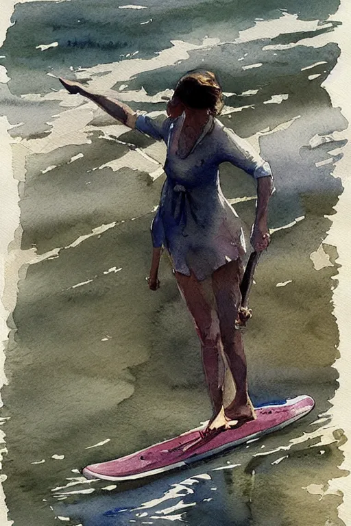 Prompt: watercolor painting of a woman on the sup, looking down at water on her hands and feet, in the style of the birds of america illustrated by marc simonetti.