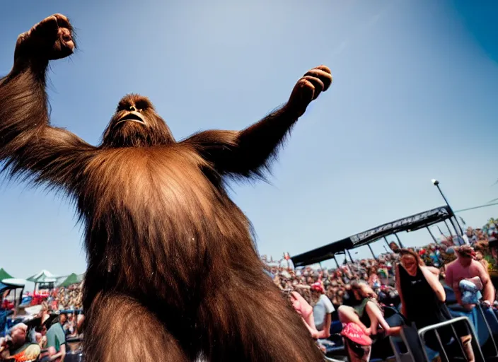 Image similar to photo still of sasquatch on stage at vans warped tour!!!!!!!! at age 4 8 years old 4 8 years of age!!!!!!! throwing rocks and berries at the crowd, 8 k, 8 5 mm f 1. 8, studio lighting, rim light, right side key light