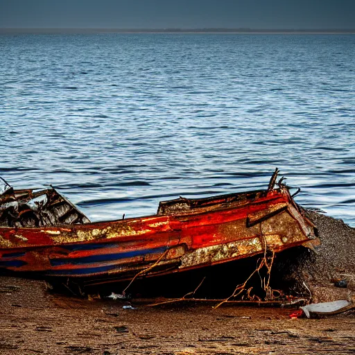 Image similar to incredibly detailed image of wrecked boat on shoreline, backlighting