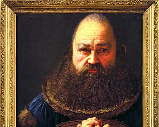 Prompt: “Realist Portrait of a bearded Dwarf Tudor Lawyer by Andrey Shishkin, Oil on Canvas”