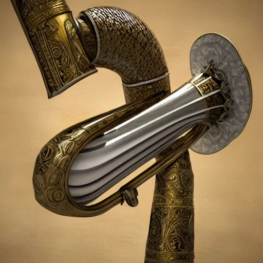 Image similar to a 3 d render of a medieval blowing horn, winding horn, animal horn, higly detailed, mystic, artwork