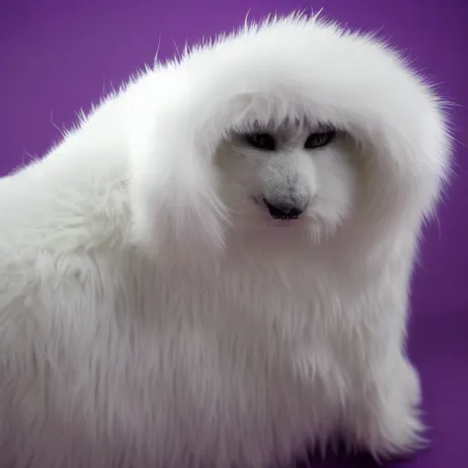 Image similar to a photo of a white fur monster standing in a purple room