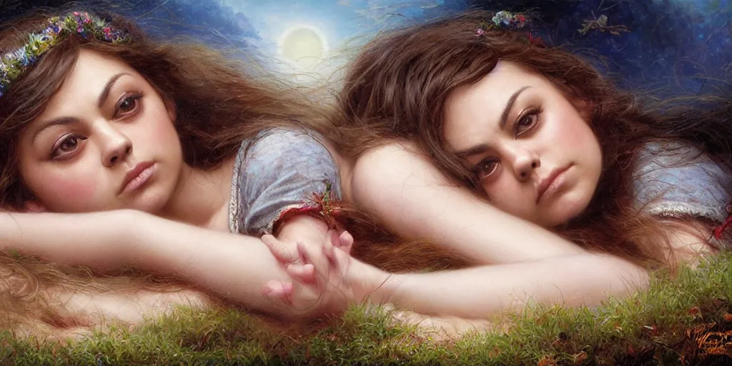 Image similar to Mila Kunis falling asleep, Lilia Alvarado, Sophie Anderson, Mark Arian, Bob Byerley, Charlie Bowater, Mark Brooks, Steve Henderson, Justin Gerard, Arthur Hughes, Edward Robert Hughes, Mark Keathley, Victor Nizovtsev, Carlos Shwabe, Ross Tran, WLOP