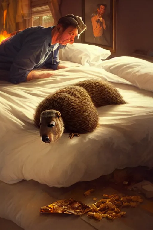 Image similar to groundhog cooking meth lies on the bed, realistic portrait, highly detailed, digital painting, artstation, concept art, smooth, sharp focus, illustration, cinematic lighting, art by artgerm and greg rutkowski and alphonse mucha