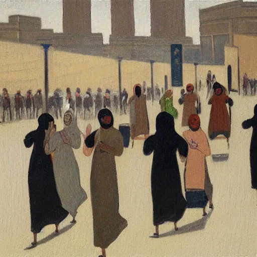 Image similar to painting of egyptian commuters heading to the central business district of cairo, painted by laurence stephen lowry, oil on canvas, national gallery