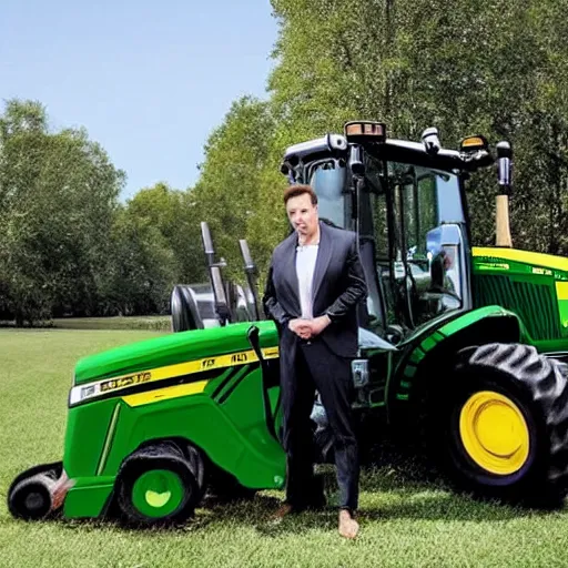 Image similar to award winning photograph, elon musk driving a john deere