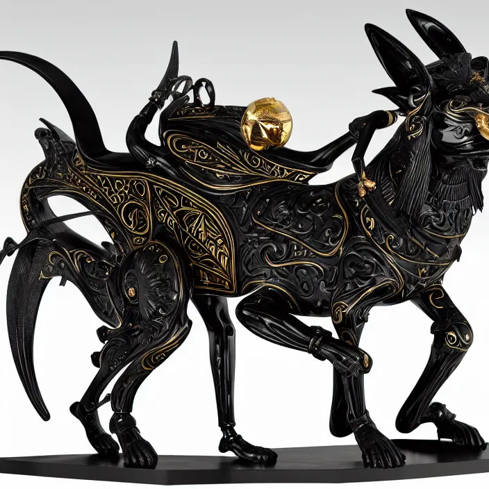 Image similar to fine art statue of black egyptian god anubis on a surrealist motorbike, ebony art deco, carved black marble, inlaid with ebony and gold accents, ebony rococo, wings black lace wear, sculpted by spider zero, zaha hadid, beautifully lit, hyper detailed, intricate, elite, ornate, photorealistic, micro details, 3 d sculpture, ray trace