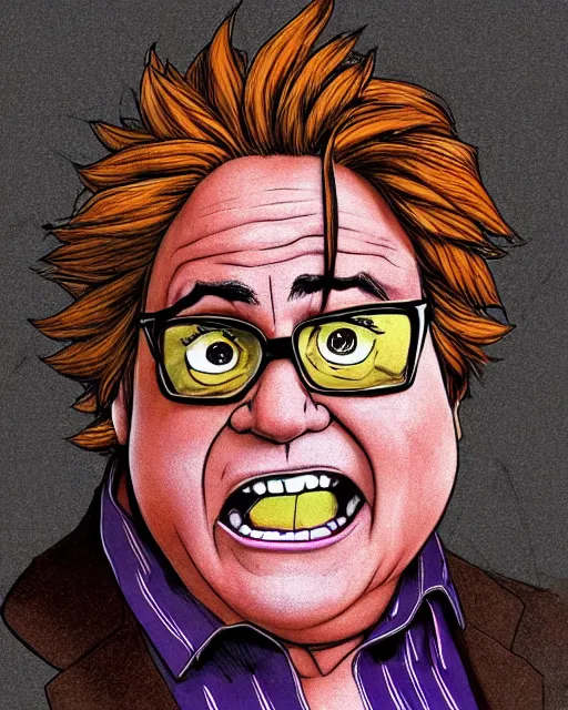 Image similar to Digital color pen drawing of Danny DeVito from JoJo\'s Bizzare Adventure, highly detailed, sharp focus, screentone shading, 1990 manga panel, trending on ArtStation, manga cover art drawn by Hirohiko Araki