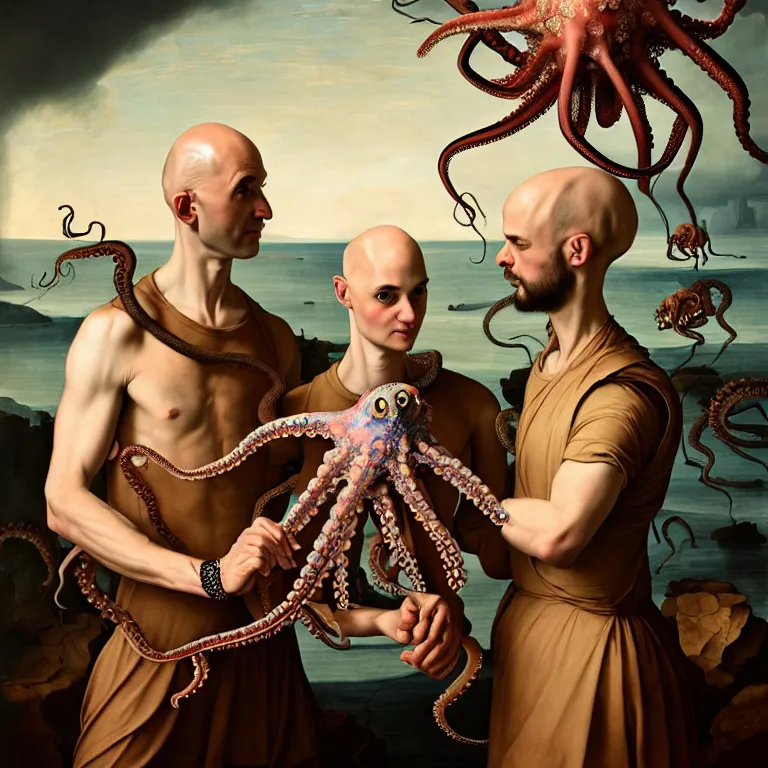 Image similar to young bald man couple wearing exoskeleton, holding a squid, octopus, sea in the background, beautiful baroque portrait painting, psychedelic, trippy, hallucination, dream, beautiful detailed intricate insanely detailed octane render trending on Artstation, 8K artistic photography, photorealistic, chiaroscuro, Raphael, Caravaggio