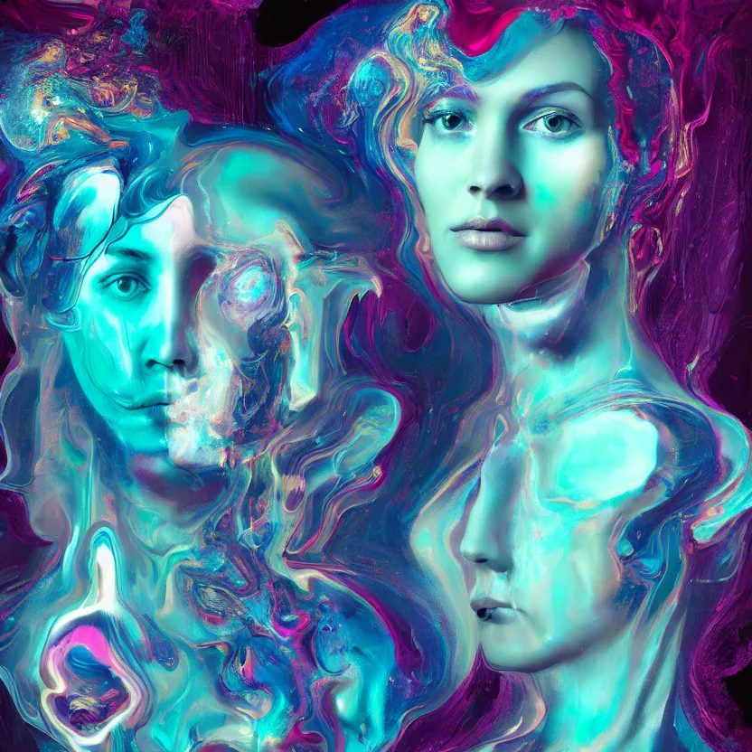 Prompt: a digital portrait painting of a woman, surrounded by synthesized ai djinn hologram, an ultrafine detailed painting by alberto seveso, a silk screen by julian schnabel, featured on deviantart, modern european ink painting, photoillustration, impressionism, biomorphic, behance hd, lovecraftian